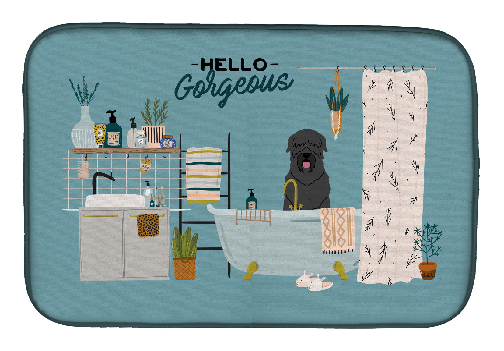 Black Russian Terrier in Bathtub Dish Drying Mat Absorbent Dish Drying Mat Pad for Kitchen Counter Dish Drainer Mat for Countertop, 14 x 21", Multicolor