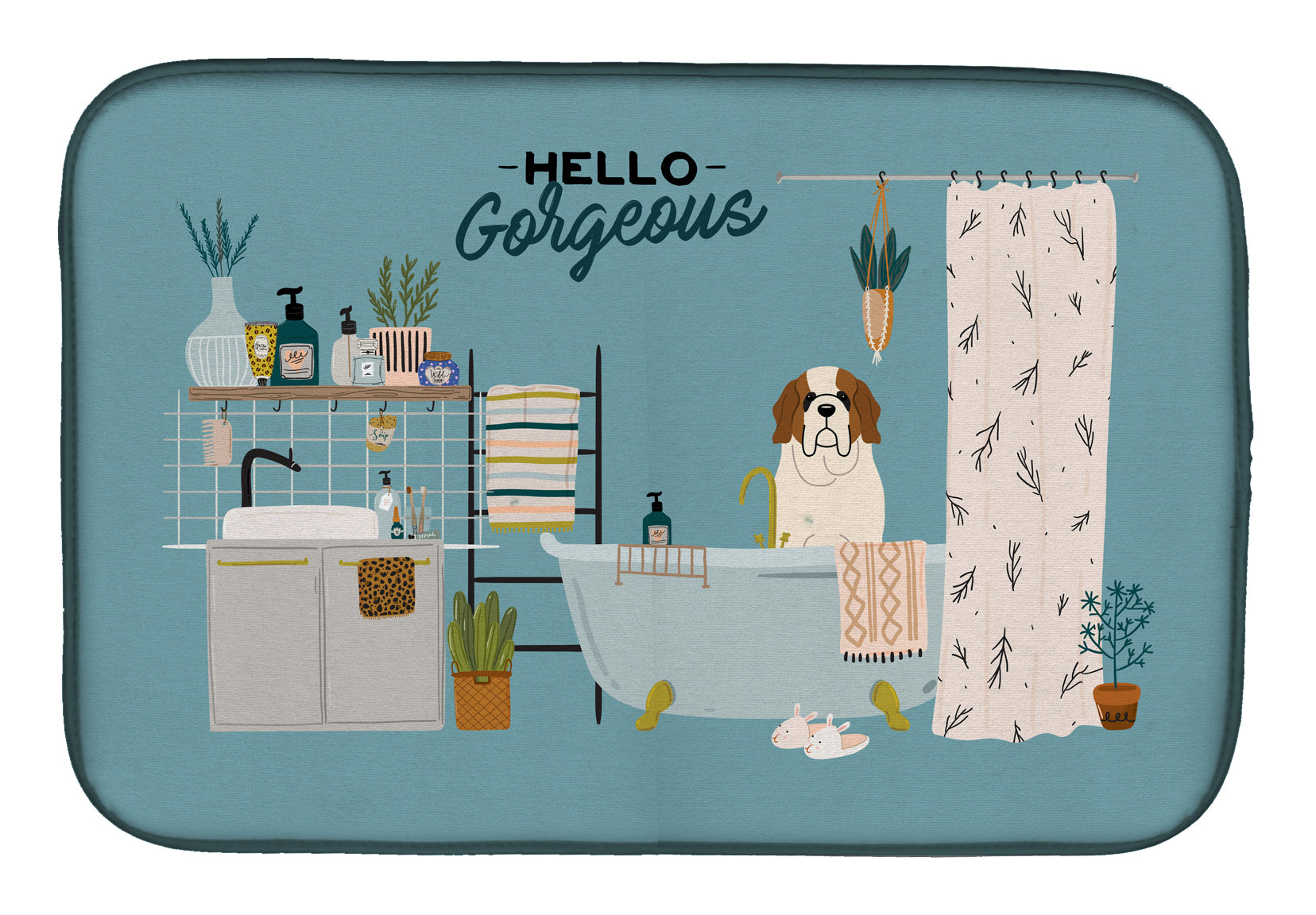 Saint Bernard in Bathtub Dish Drying Mat Absorbent Dish Drying Mat Pad for Kitchen Counter Dish Drainer Mat for Countertop, 14 x 21", Multicolor