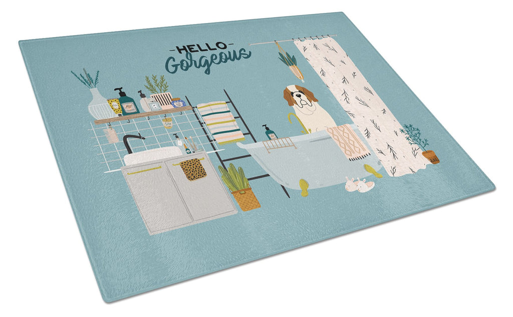 Saint Bernard in Bathtub Cutting Board Tempered Glass Kitchen Cutting Surface, Heat Resistant Chopping, Non-Slip Feet, Food Prep & Serving