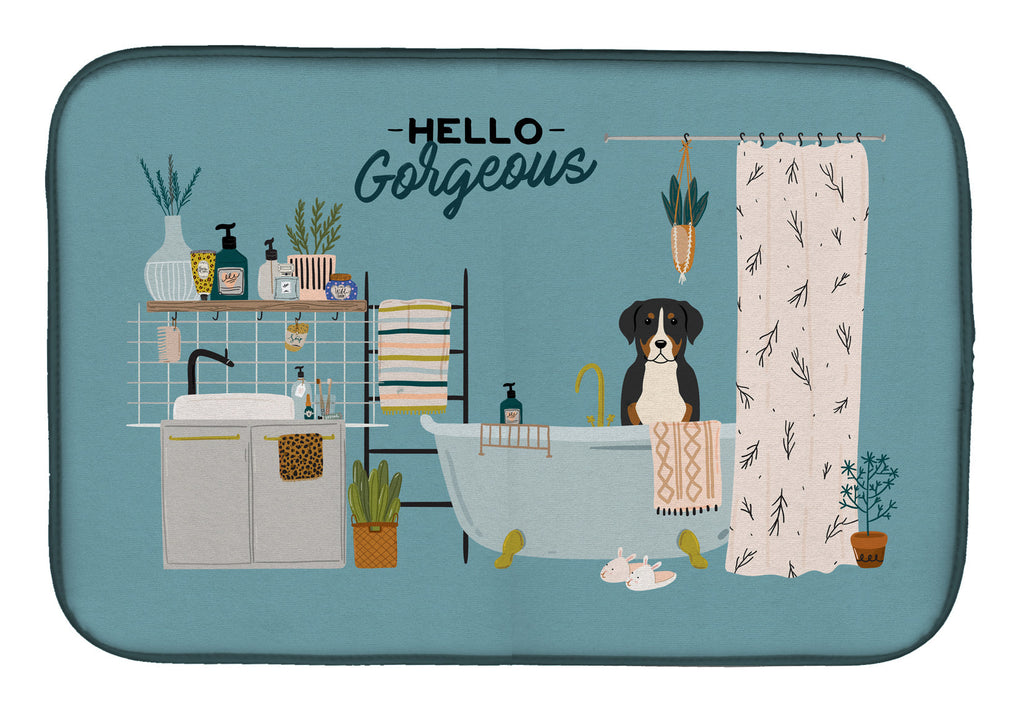 Greater Swiss Mountain Dog in Bathtub Dish Drying Mat Absorbent Dish Drying Mat Pad for Kitchen Counter Dish Drainer Mat for Countertop, 14 x 21", Multicolor