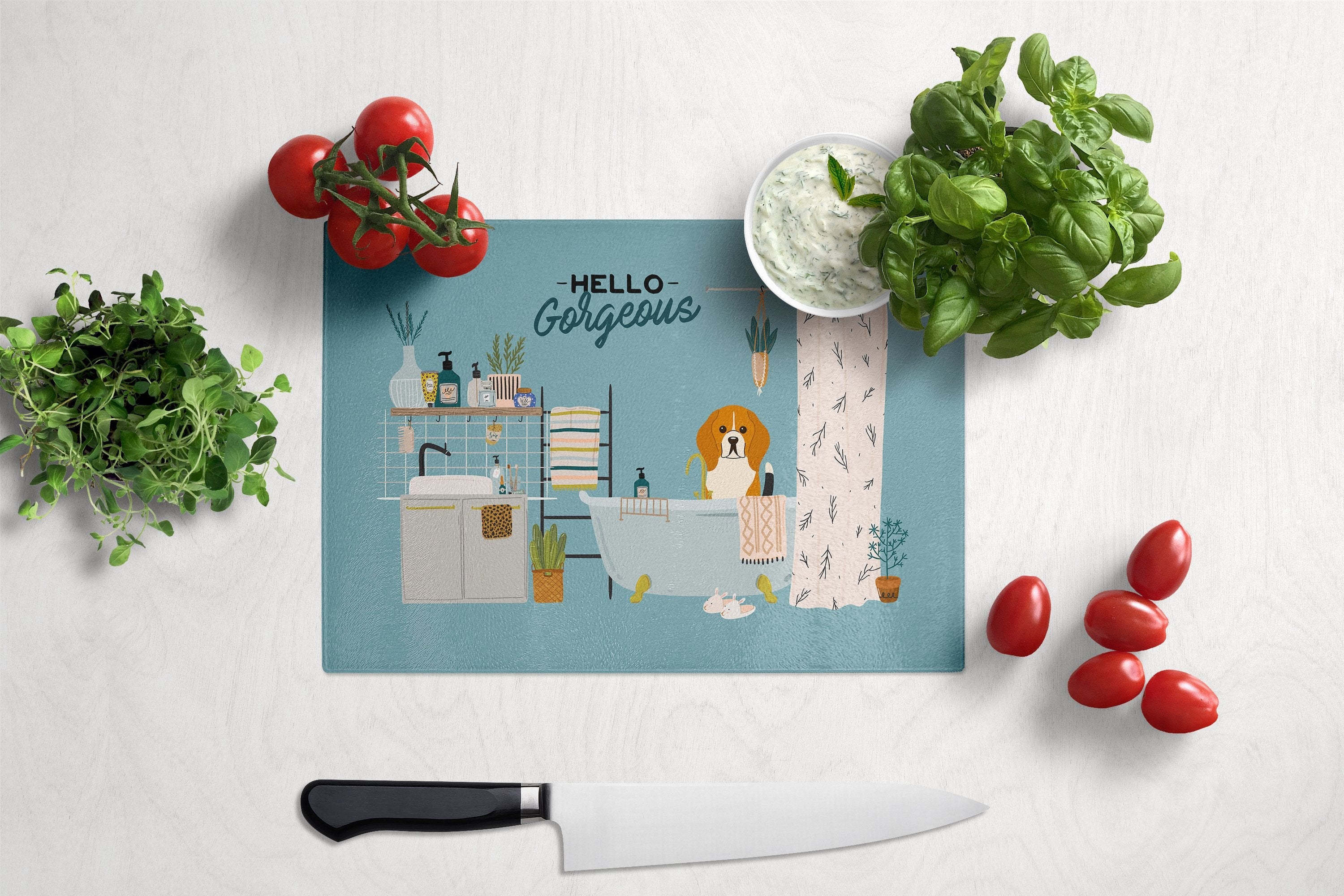 Tricolor Beagle in Bathtub Cutting Board Tempered Glass Kitchen Cutting Surface, Heat Resistant Chopping, Non-Slip Feet, Food Prep & Serving
