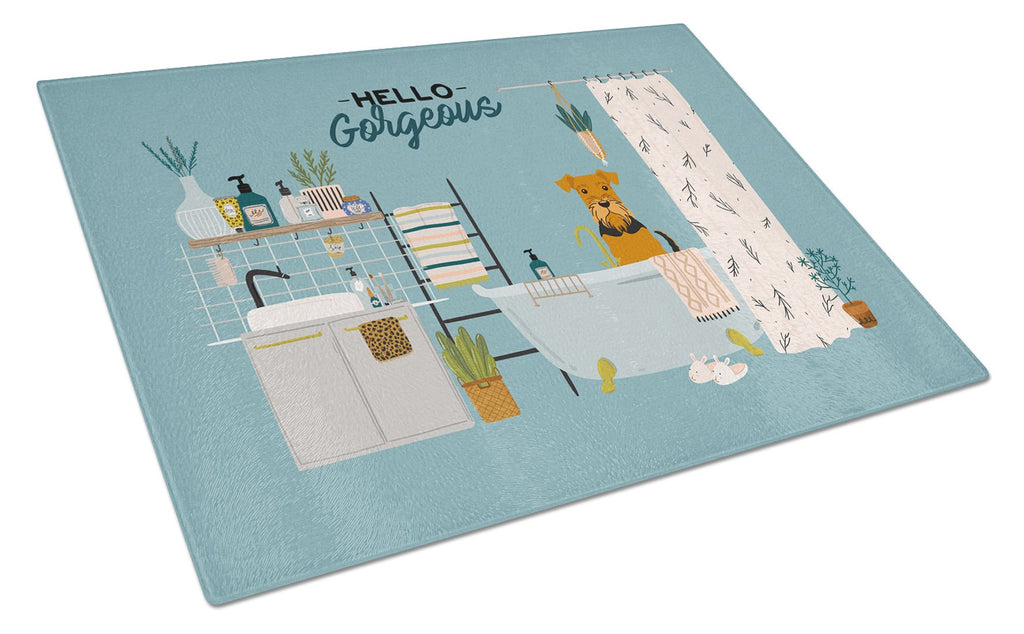 Airedale in Bathtub Cutting Board Tempered Glass Kitchen Cutting Surface, Heat Resistant Chopping, Non-Slip Feet, Food Prep & Serving