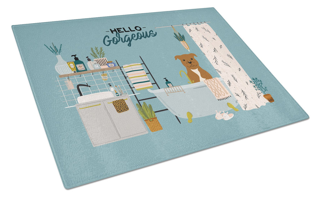 Brown Staffordshire Bull Terrier in Bathtub Cutting Board Tempered Glass Kitchen Cutting Surface, Heat Resistant Chopping, Non-Slip Feet, Food Prep & Serving