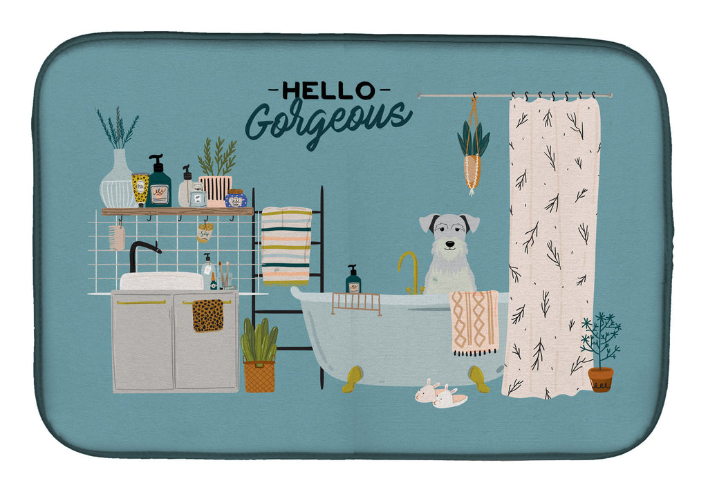 White Miniature Schnauzer in Bathtub Dish Drying Mat Absorbent Dish Drying Mat Pad for Kitchen Counter Dish Drainer Mat for Countertop, 14 x 21", Multicolor