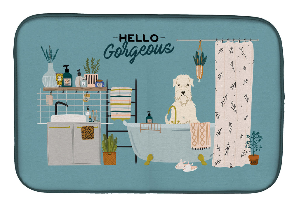 Soft Coated Wheaten Terrier in Bathtub Dish Drying Mat Absorbent Dish Drying Mat Pad for Kitchen Counter Dish Drainer Mat for Countertop, 14 x 21", Multicolor