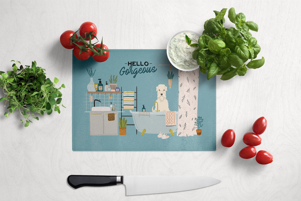 Soft Coated Wheaten Terrier in Bathtub Cutting Board Tempered Glass Kitchen Cutting Surface, Heat Resistant Chopping, Non-Slip Feet, Food Prep & Serving