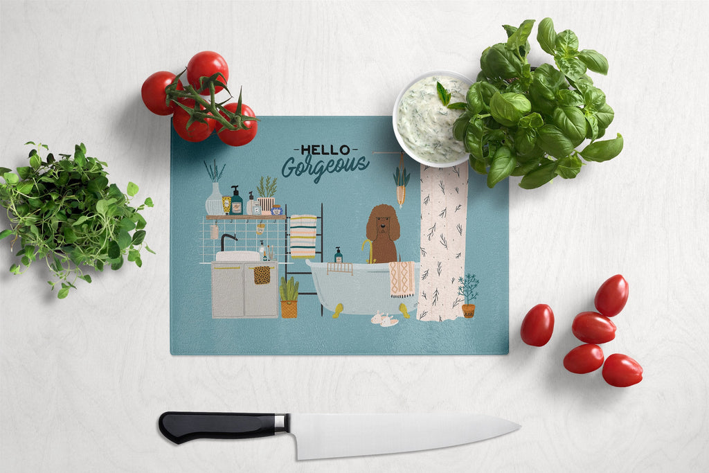 Irish Water Spaniel in Bathtub Cutting Board Tempered Glass Kitchen Cutting Surface, Heat Resistant Chopping, Non-Slip Feet, Food Prep & Serving
