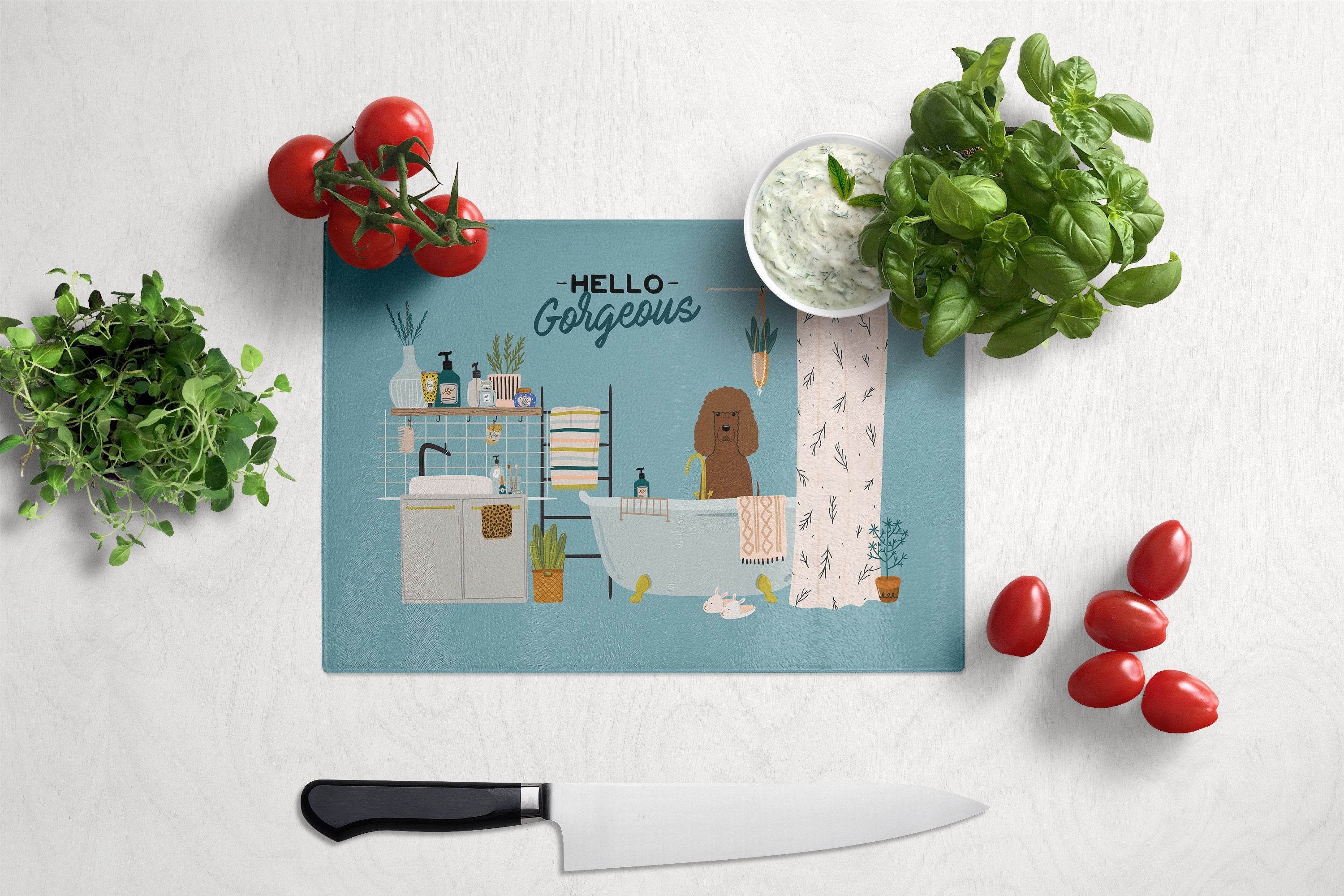 Irish Water Spaniel in Bathtub Cutting Board Tempered Glass Kitchen Cutting Surface, Heat Resistant Chopping, Non-Slip Feet, Food Prep & Serving
