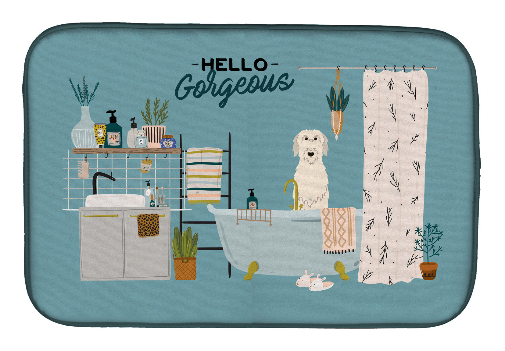 Irish Wolfhound in Bathtub Dish Drying Mat Absorbent Dish Drying Mat Pad for Kitchen Counter Dish Drainer Mat for Countertop, 14 x 21", Multicolor