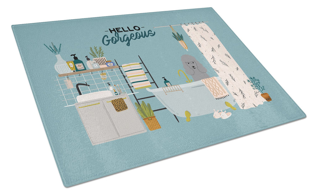 Silver Poodle in Bathtub Cutting Board Tempered Glass Kitchen Cutting Surface, Heat Resistant Chopping, Non-Slip Feet, Food Prep & Serving