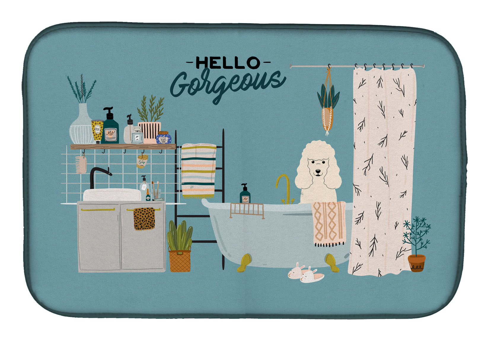 White Poodle in Bathtub Dish Drying Mat Absorbent Dish Drying Mat Pad for Kitchen Counter Dish Drainer Mat for Countertop, 14 x 21", Multicolor