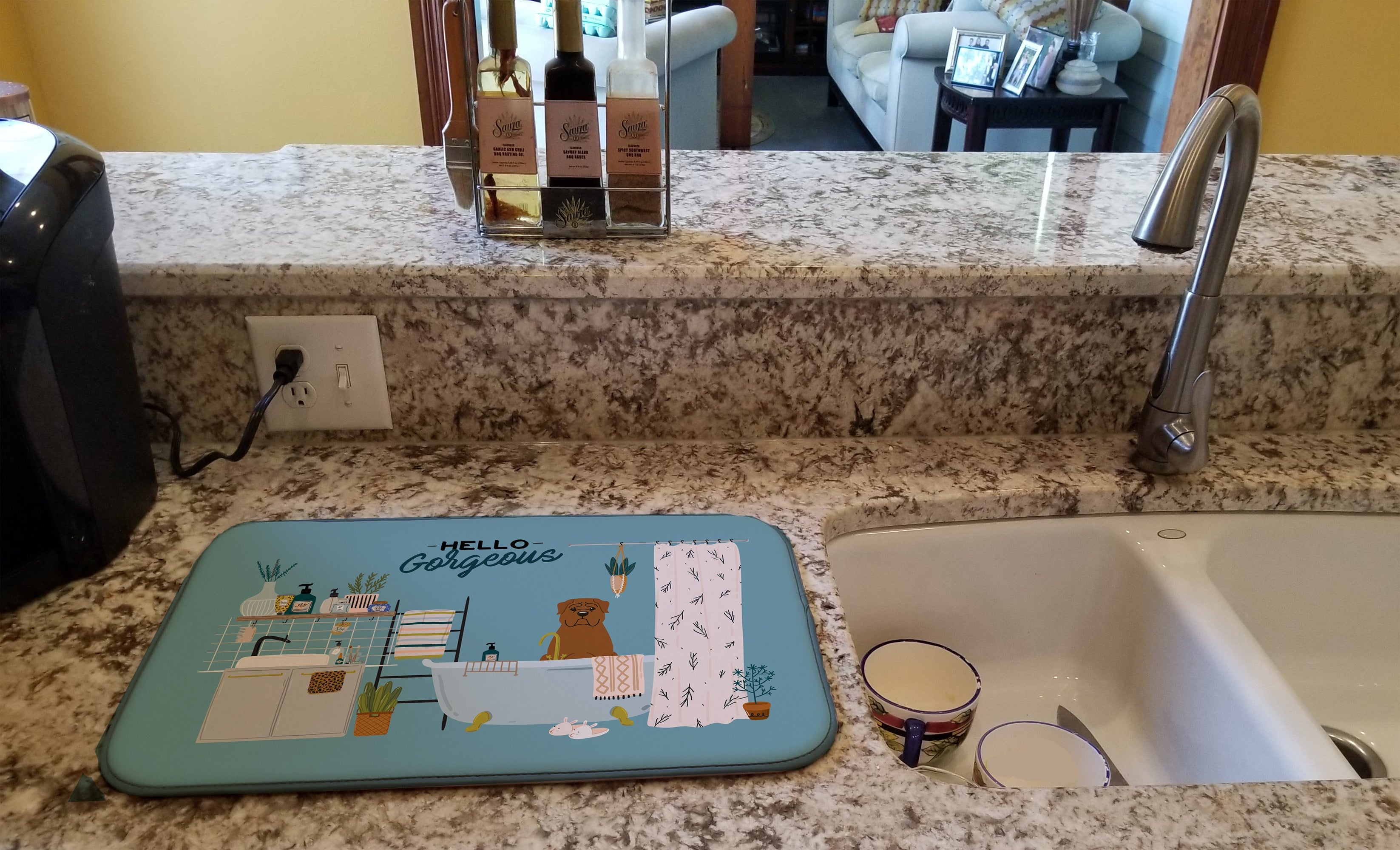 Dogue de Bourdeaux in Bathtub Dish Drying Mat Absorbent Dish Drying Mat Pad for Kitchen Counter Dish Drainer Mat for Countertop, 14 x 21", Multicolor