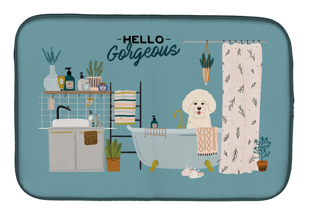 Bichon Frise in Bathtub Dish Drying Mat Absorbent Dish Drying Mat Pad for Kitchen Counter Dish Drainer Mat for Countertop, 14 x 21", Multicolor