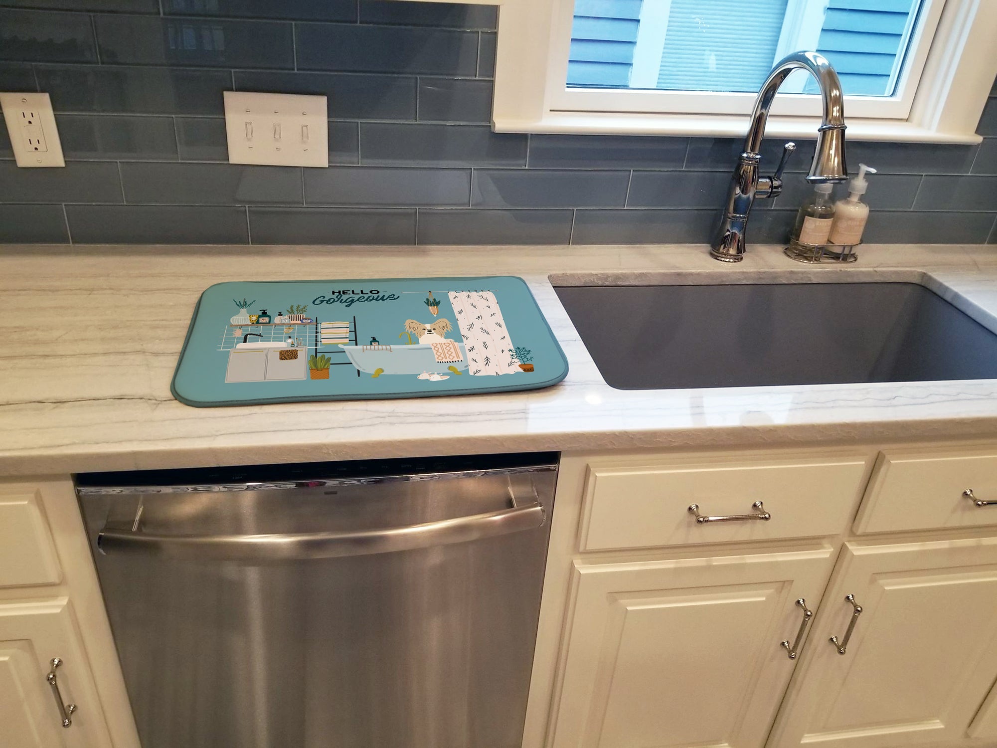 Sable White Papillon in Bathtub Dish Drying Mat Absorbent Dish Drying Mat Pad for Kitchen Counter Dish Drainer Mat for Countertop, 14 x 21", Multicolor