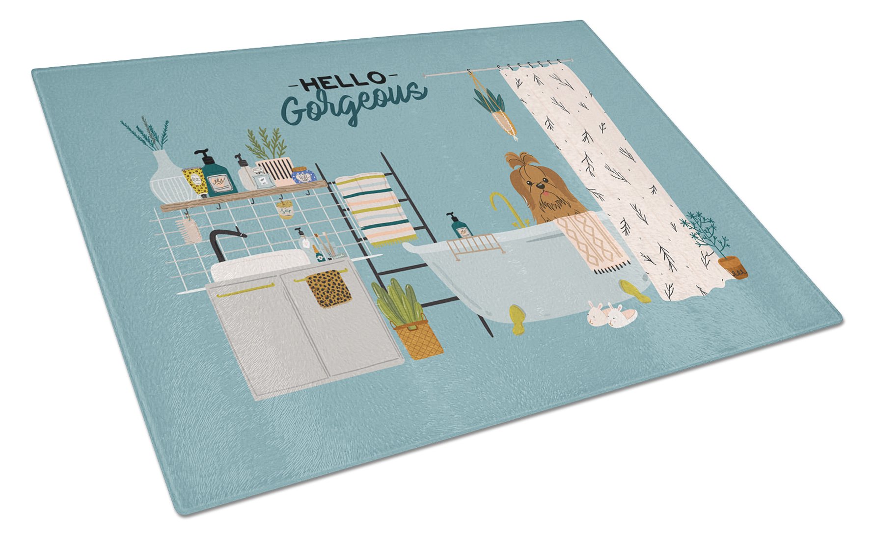 Silver Chocolate Shih Tzu in Bathtub Cutting Board Tempered Glass Kitchen Cutting Surface, Heat Resistant Chopping, Non-Slip Feet, Food Prep & Serving