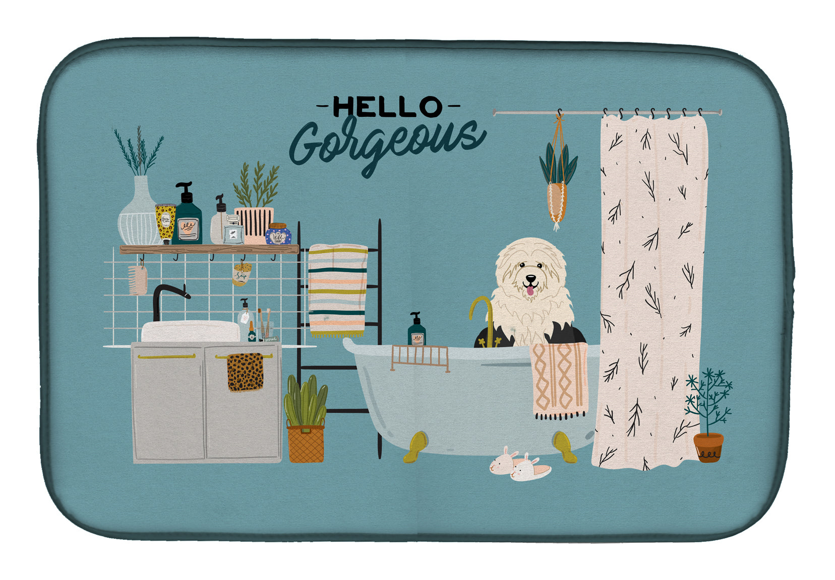 Old English Sheepdog in Bathtub Dish Drying Mat Absorbent Dish Drying Mat Pad for Kitchen Counter Dish Drainer Mat for Countertop, 14 x 21", Multicolor