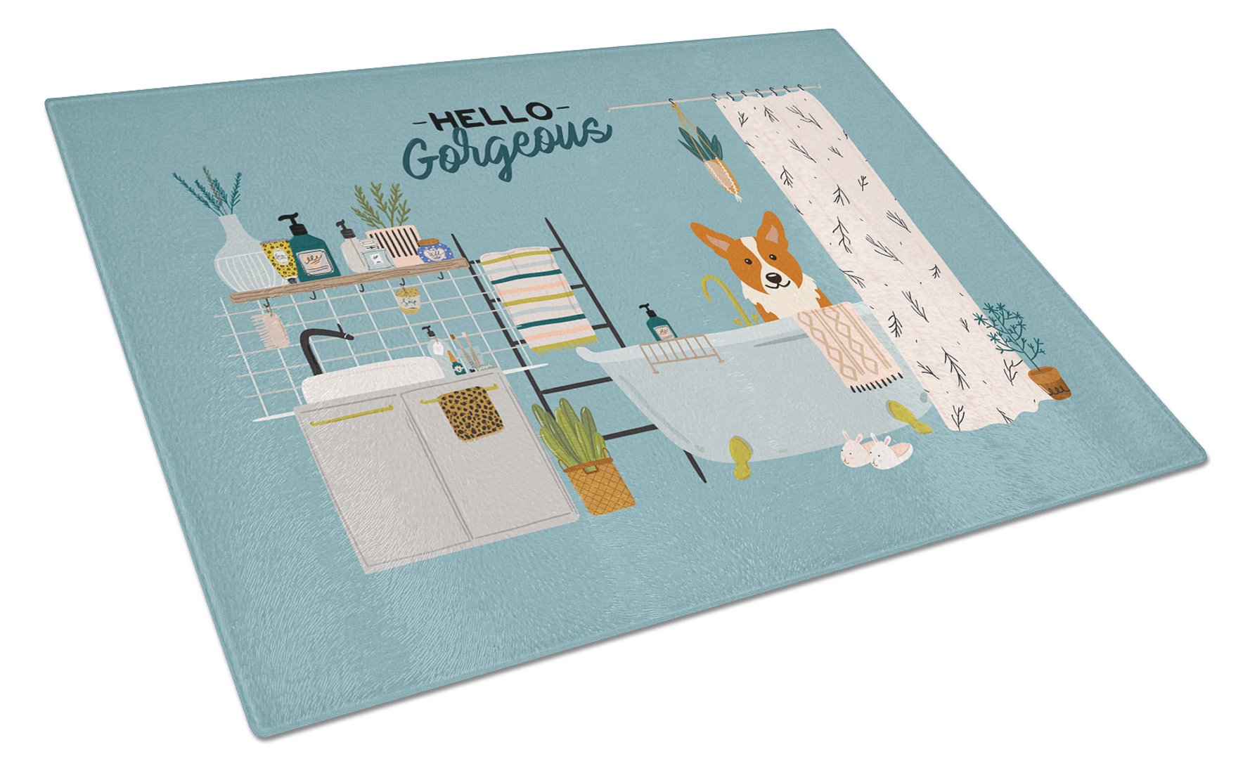 Corgi in Bathtub Cutting Board Tempered Glass Kitchen Cutting Surface, Heat Resistant Chopping, Non-Slip Feet, Food Prep & Serving