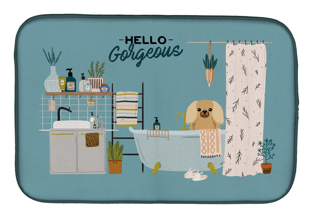 Fawn Sable Pekingese in Bathtub Dish Drying Mat Absorbent Dish Drying Mat Pad for Kitchen Counter Dish Drainer Mat for Countertop, 14 x 21", Multicolor