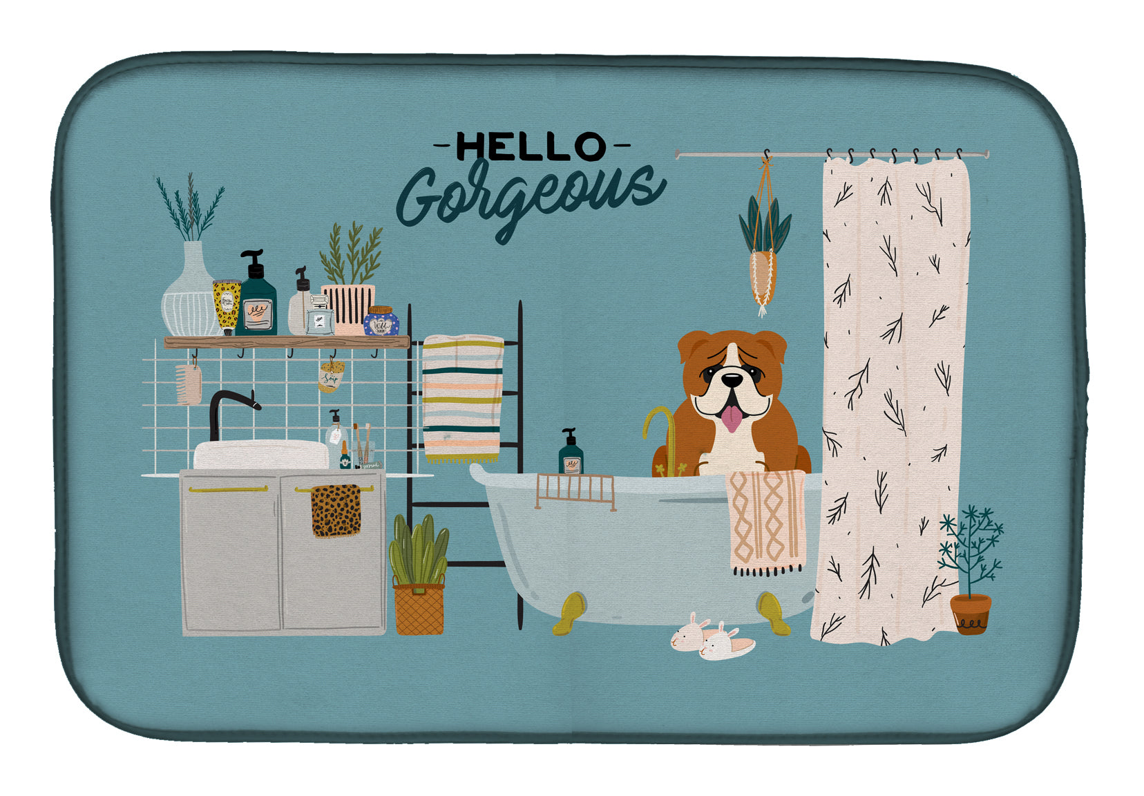 Red White English Bulldog in Bathtub Dish Drying Mat Absorbent Dish Drying Mat Pad for Kitchen Counter Dish Drainer Mat for Countertop, 14 x 21", Multicolor