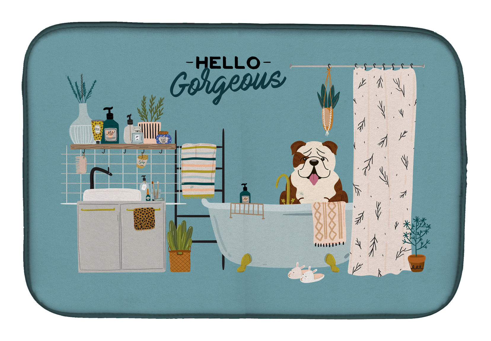 Brindle White English Bulldog in Bathtub Dish Drying Mat Absorbent Dish Drying Mat Pad for Kitchen Counter Dish Drainer Mat for Countertop, 14 x 21", Multicolor