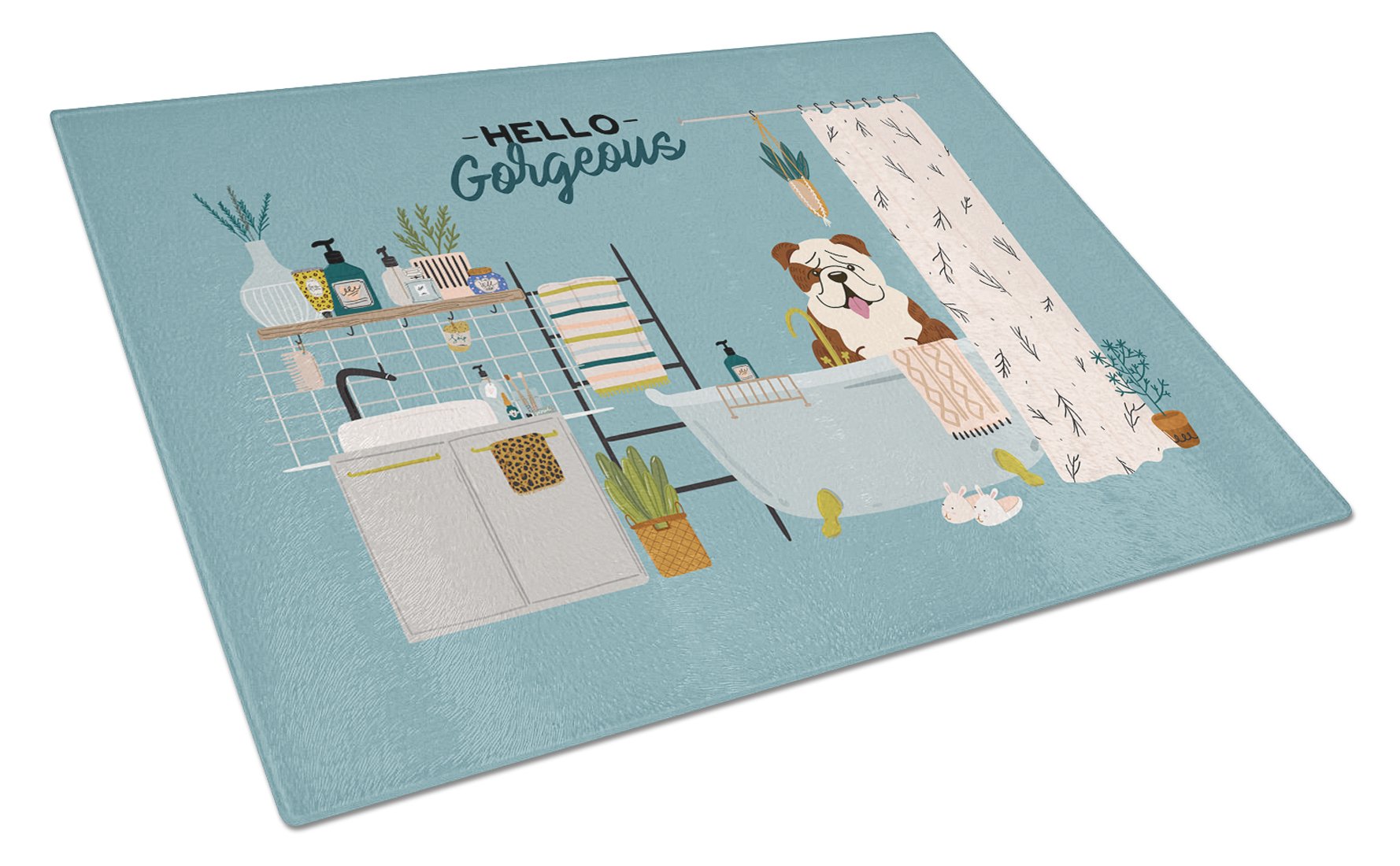 Brindle White English Bulldog in Bathtub Cutting Board Tempered Glass Kitchen Cutting Surface, Heat Resistant Chopping, Non-Slip Feet, Food Prep & Serving