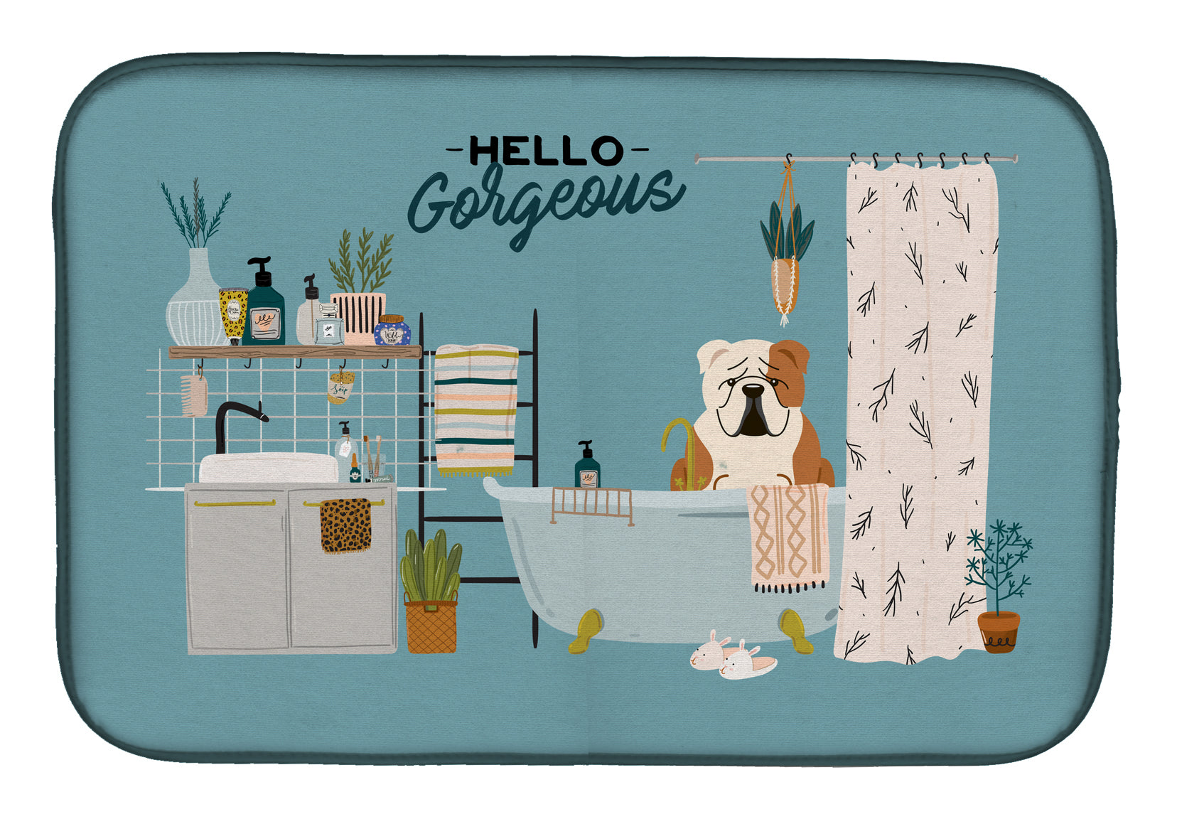 Fawn White English Bulldog in Bathtub Dish Drying Mat Absorbent Dish Drying Mat Pad for Kitchen Counter Dish Drainer Mat for Countertop, 14 x 21", Multicolor