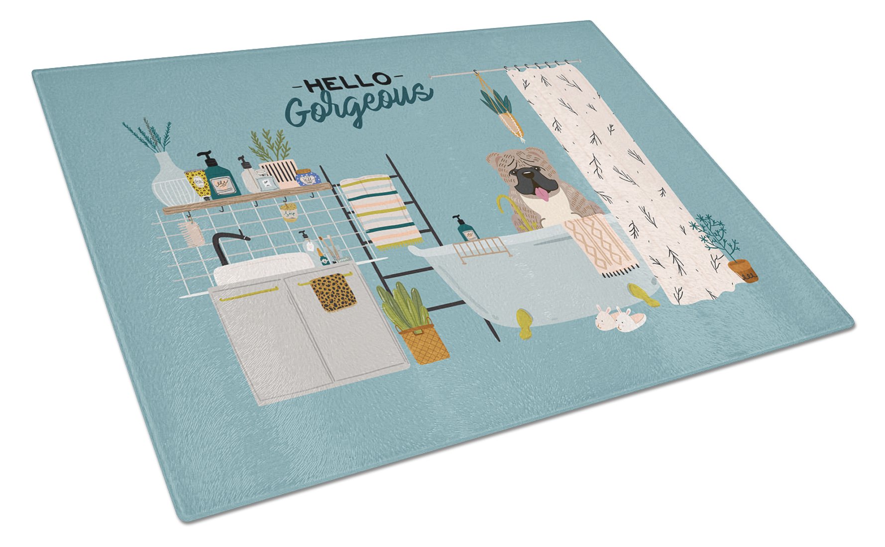 Grey Brindle English Bulldog in Bathtub Cutting Board Tempered Glass Kitchen Cutting Surface, Heat Resistant Chopping, Non-Slip Feet, Food Prep & Serving