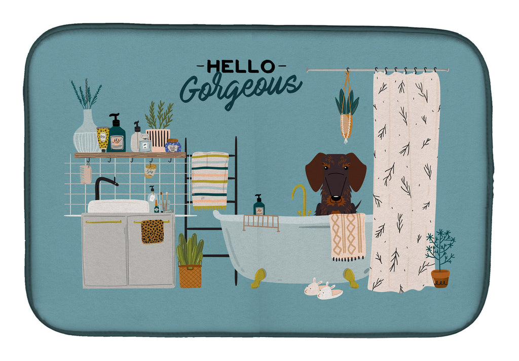 Chocolate Wire Haired Dachshund in Bathtub Dish Drying Mat Absorbent Dish Drying Mat Pad for Kitchen Counter Dish Drainer Mat for Countertop, 14 x 21", Multicolor