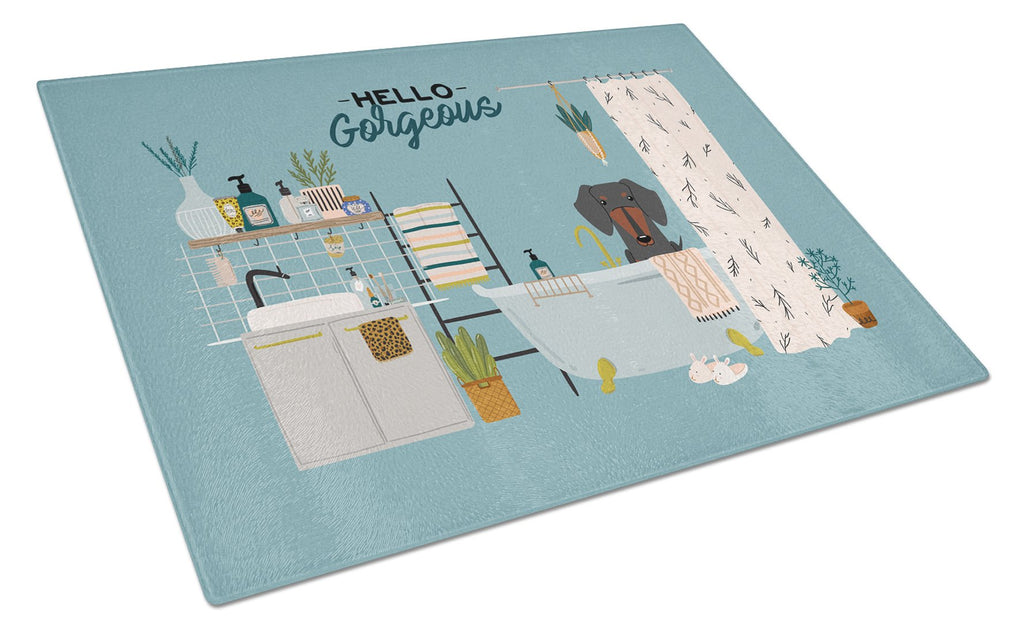 Black Tan Dachshund in Bathtub Cutting Board Tempered Glass Kitchen Cutting Surface, Heat Resistant Chopping, Non-Slip Feet, Food Prep & Serving