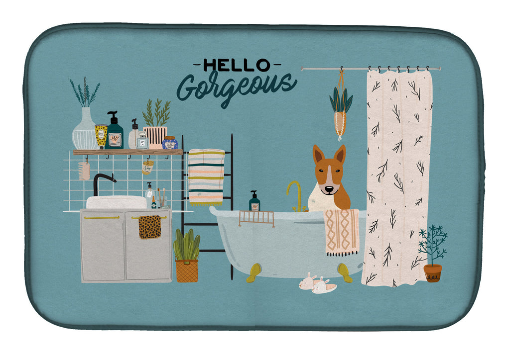 Red White Bull Terrier in Bathtub Dish Drying Mat Absorbent Dish Drying Mat Pad for Kitchen Counter Dish Drainer Mat for Countertop, 14 x 21", Multicolor