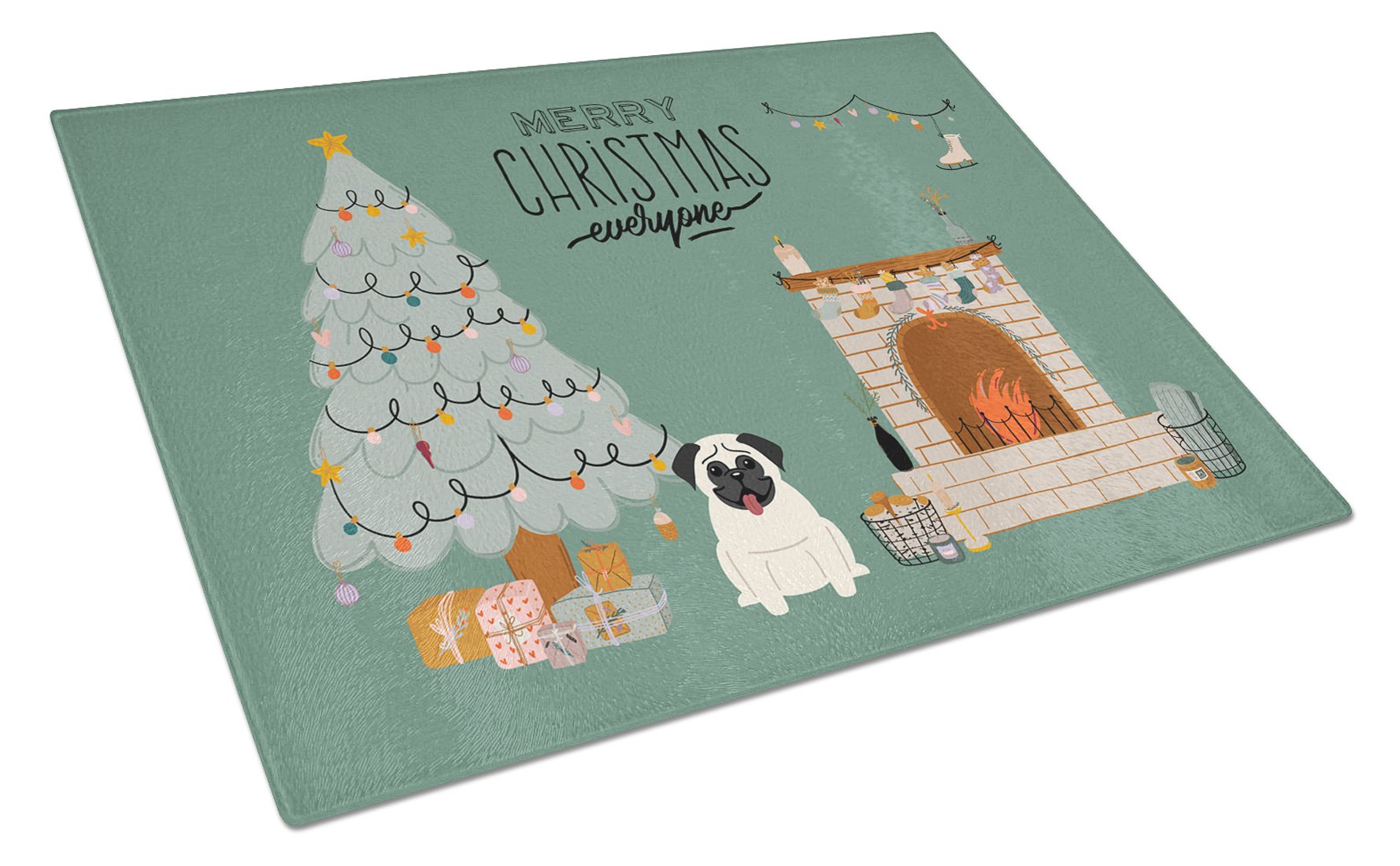 Cream Pug Christmas Everyone Cutting Board Tempered Glass Kitchen Cutting Surface, Heat Resistant Chopping, Non-Slip Feet, Food Prep & Serving