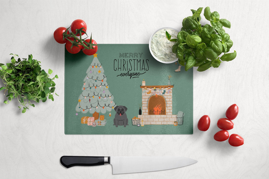 Black Pug Christmas Everyone Cutting Board Tempered Glass Kitchen Cutting Surface, Heat Resistant Chopping, Non-Slip Feet, Food Prep & Serving