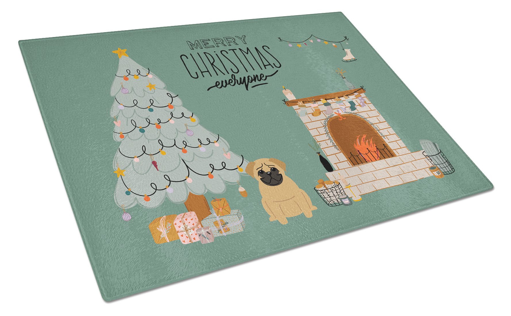 Brown Pug Christmas Everyone Cutting Board Tempered Glass Kitchen Cutting Surface, Heat Resistant Chopping, Non-Slip Feet, Food Prep & Serving