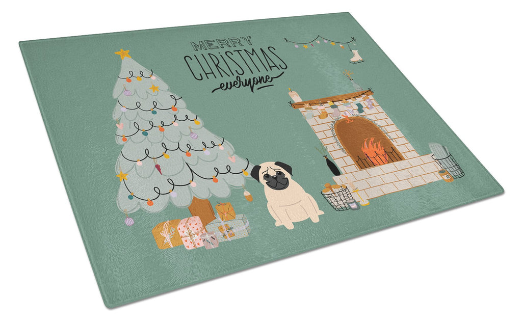 Fawn Pug Christmas Everyone Cutting Board Tempered Glass Kitchen Cutting Surface, Heat Resistant Chopping, Non-Slip Feet, Food Prep & Serving