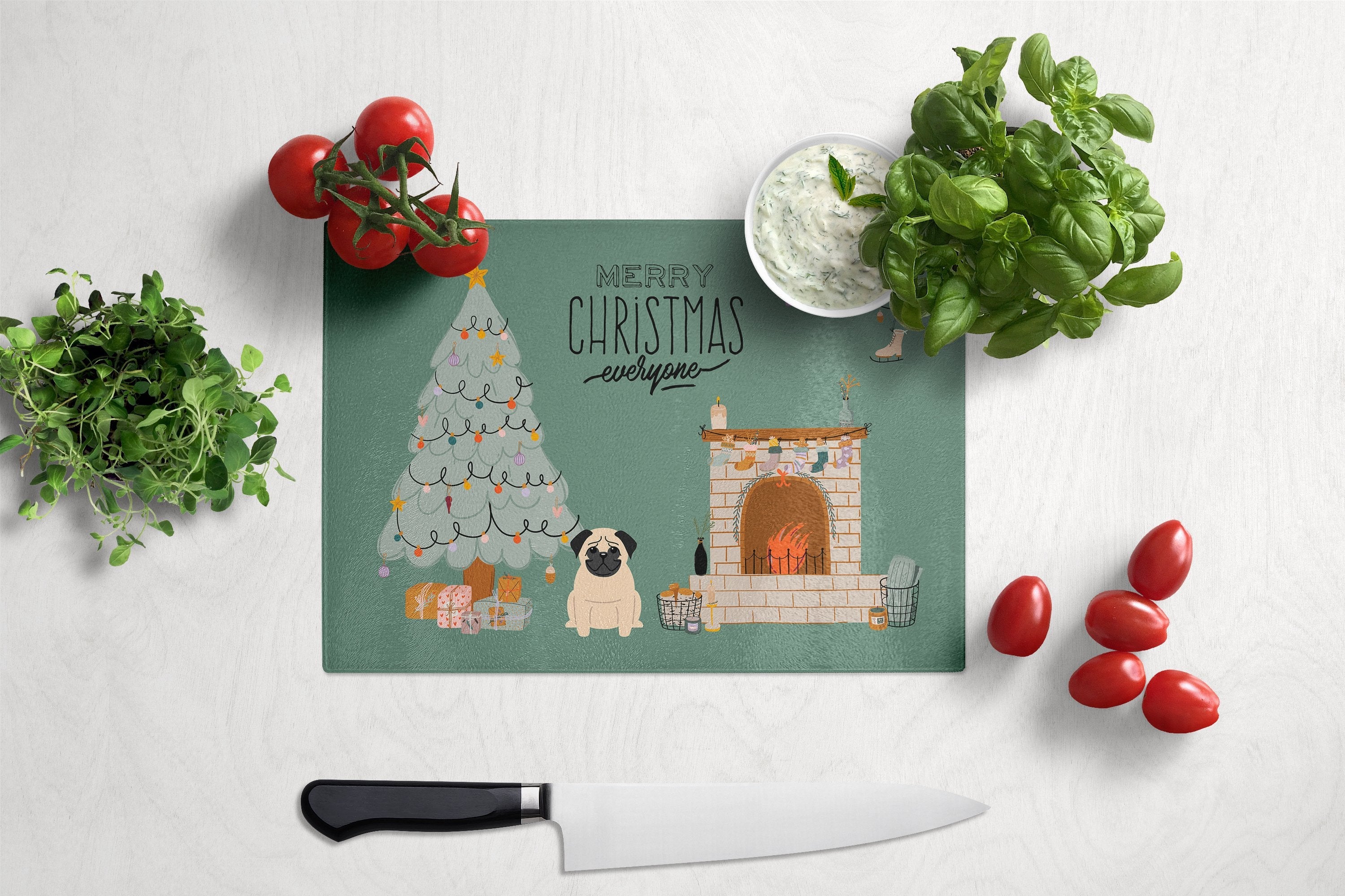 Fawn Pug Christmas Everyone Cutting Board Tempered Glass Kitchen Cutting Surface, Heat Resistant Chopping, Non-Slip Feet, Food Prep & Serving