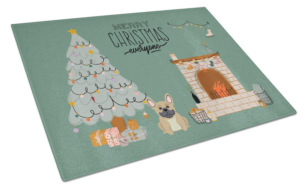 Cream French Bulldog Christmas Everyone Cutting Board Tempered Glass Kitchen Cutting Surface, Heat Resistant Chopping, Non-Slip Feet, Food Prep & Serving