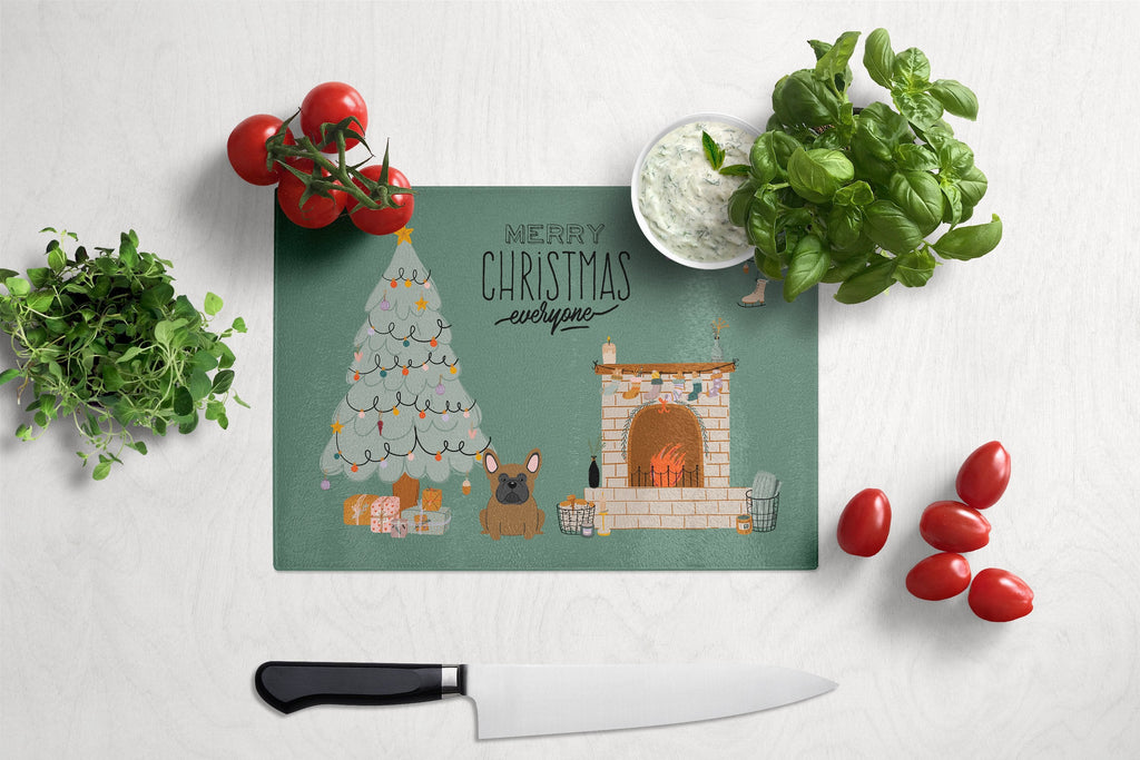 Brown French Bulldog Christmas Everyone Cutting Board Tempered Glass Kitchen Cutting Surface, Heat Resistant Chopping, Non-Slip Feet, Food Prep & Serving
