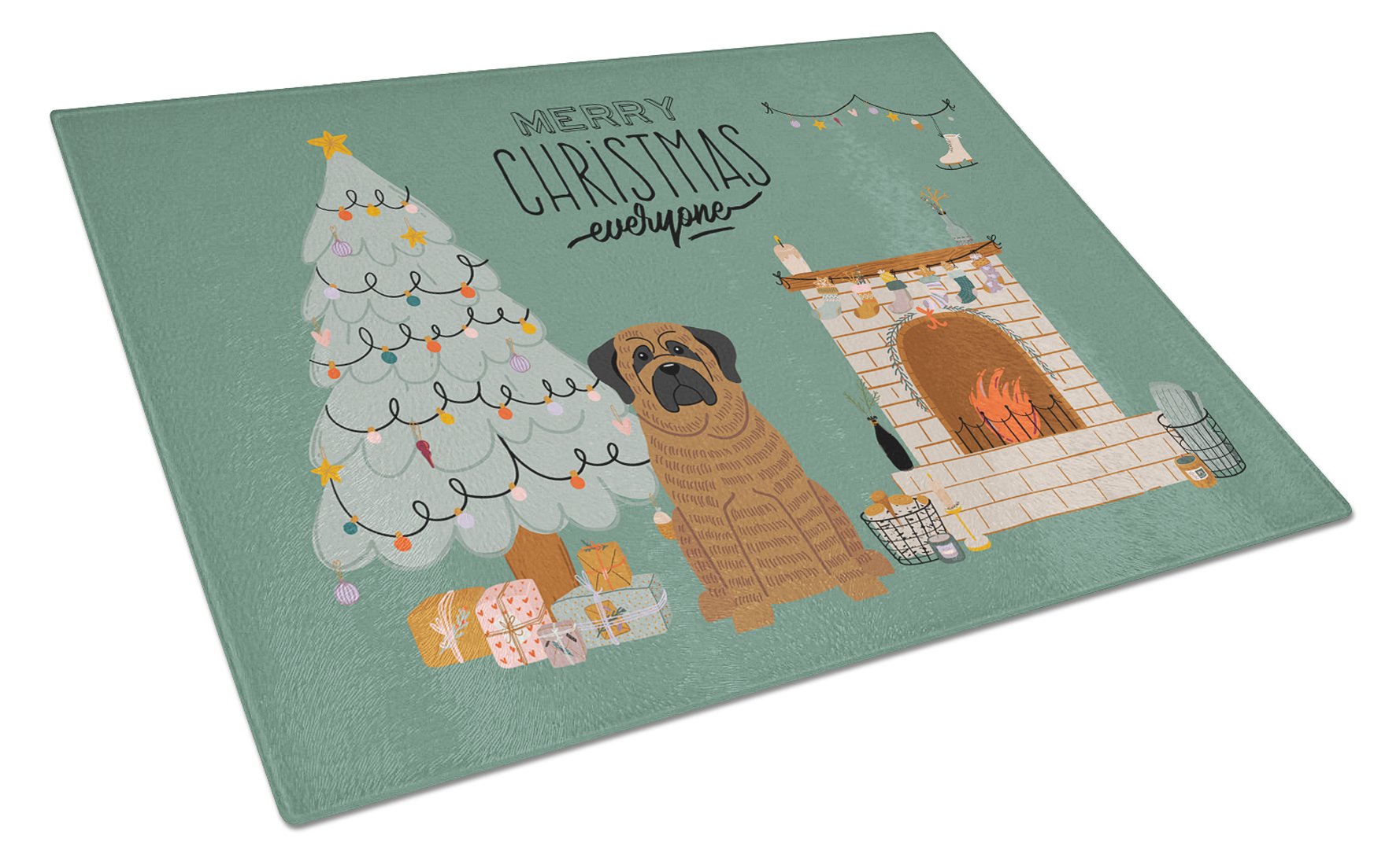 Brindle Mastiff Christmas Everyone Cutting Board Tempered Glass Kitchen Cutting Surface, Heat Resistant Chopping, Non-Slip Feet, Food Prep & Serving