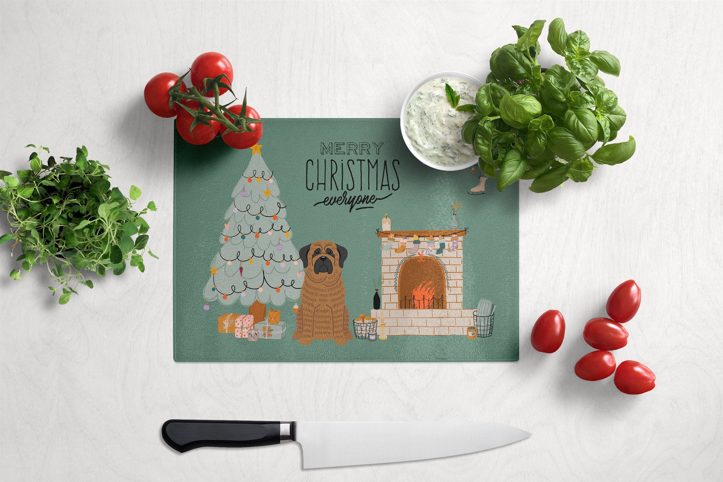 Brindle Mastiff Christmas Everyone Cutting Board Tempered Glass Kitchen Cutting Surface, Heat Resistant Chopping, Non-Slip Feet, Food Prep & Serving