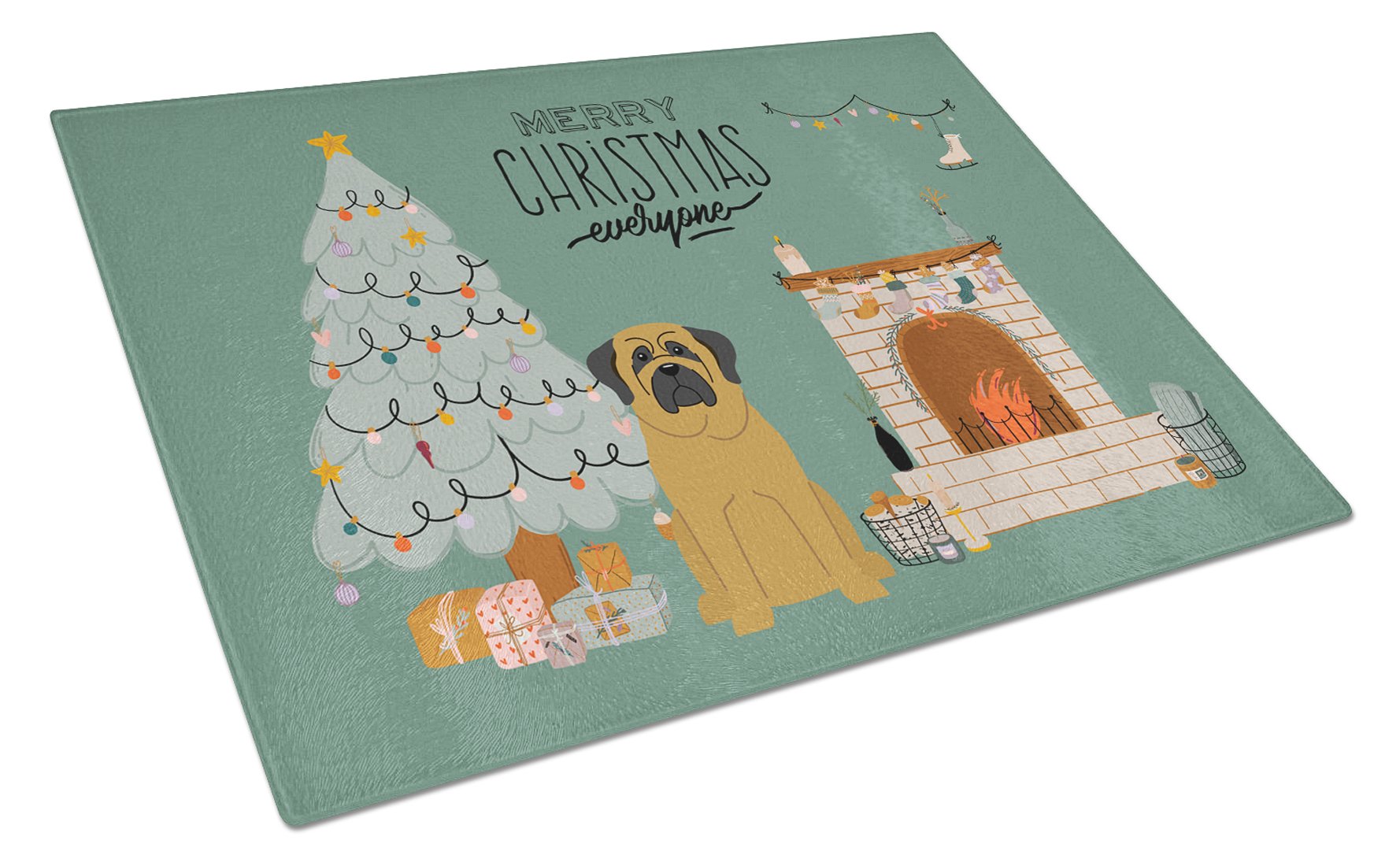 Mastiff Christmas Everyone Cutting Board Tempered Glass Kitchen Cutting Surface, Heat Resistant Chopping, Non-Slip Feet, Food Prep & Serving