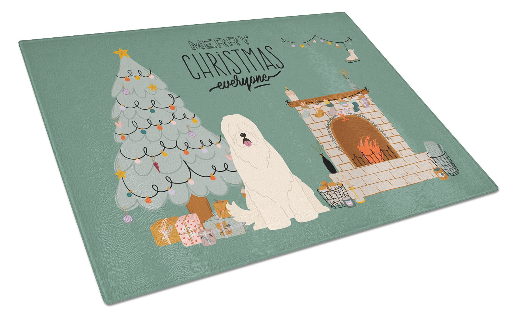 South Russian Sheepdog Christmas Everyone Cutting Board Tempered Glass Kitchen Cutting Surface, Heat Resistant Chopping, Non-Slip Feet, Food Prep & Serving
