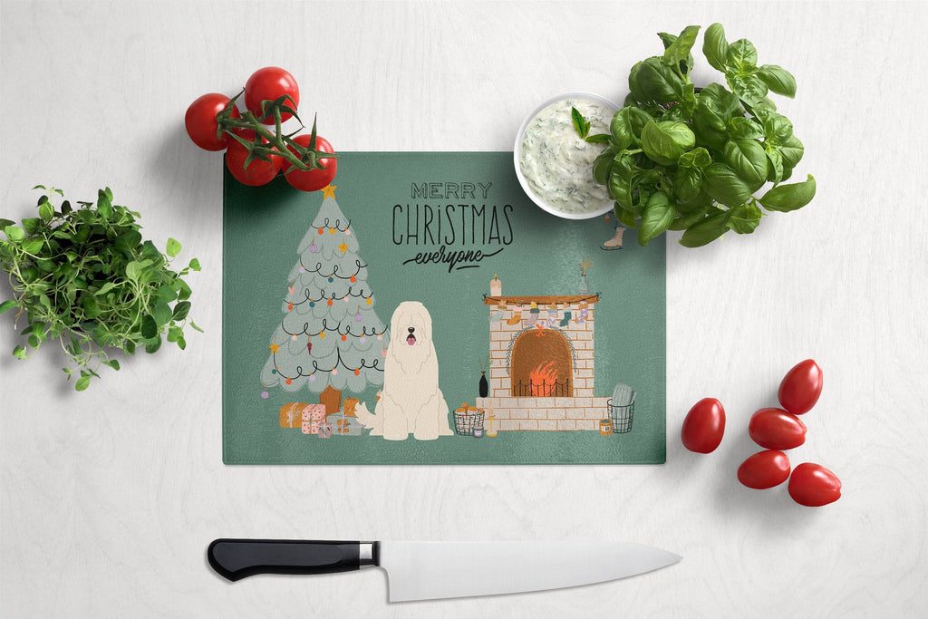 South Russian Sheepdog Christmas Everyone Cutting Board Tempered Glass Kitchen Cutting Surface, Heat Resistant Chopping, Non-Slip Feet, Food Prep & Serving