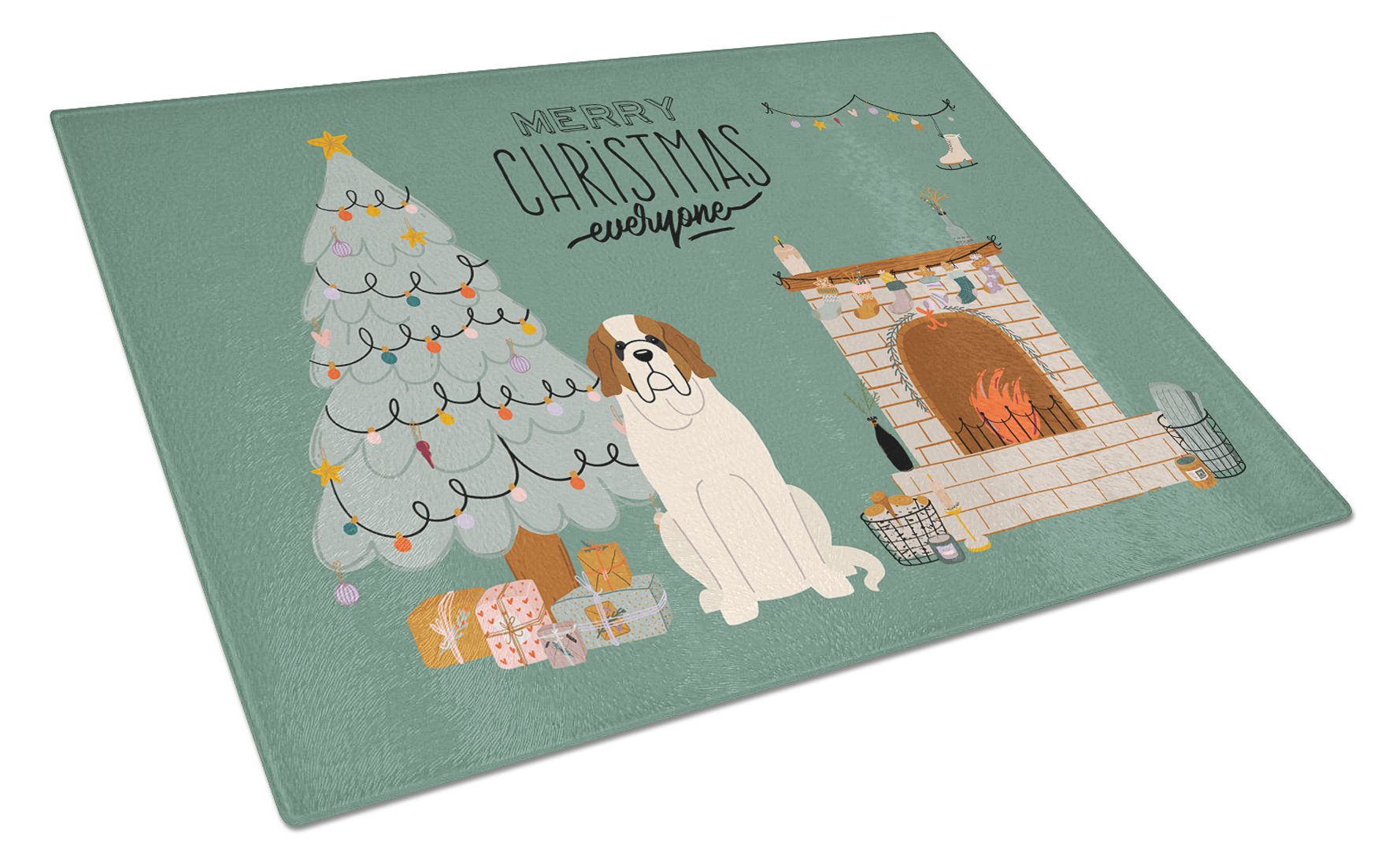 Saint Bernard Christmas Everyone Cutting Board Tempered Glass Kitchen Cutting Surface, Heat Resistant Chopping, Non-Slip Feet, Food Prep & Serving