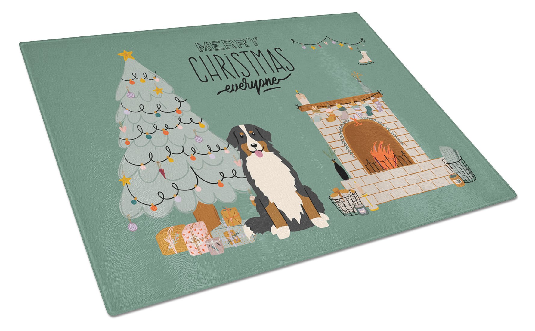 Bernese Mountain Dog Christmas Everyone Cutting Board Tempered Glass Kitchen Cutting Surface, Heat Resistant Chopping, Non-Slip Feet, Food Prep & Serving