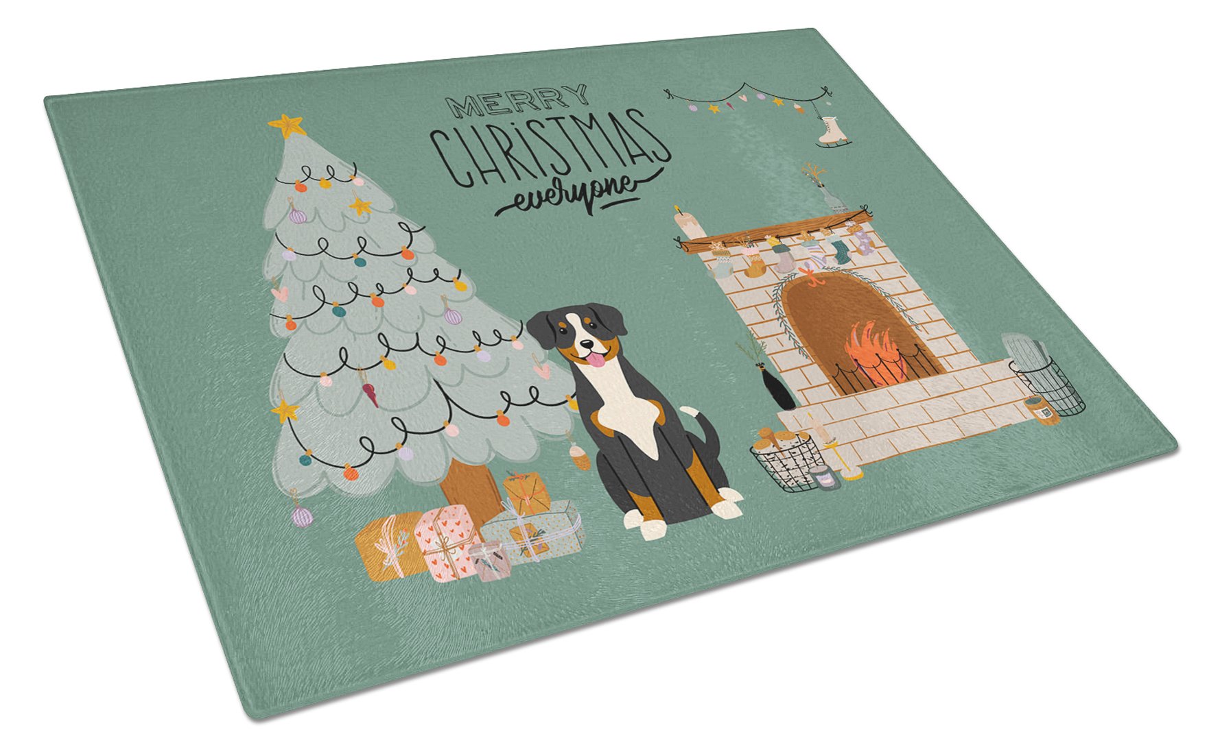 Entlebucher Christmas Everyone Cutting Board Tempered Glass Kitchen Cutting Surface, Heat Resistant Chopping, Non-Slip Feet, Food Prep & Serving