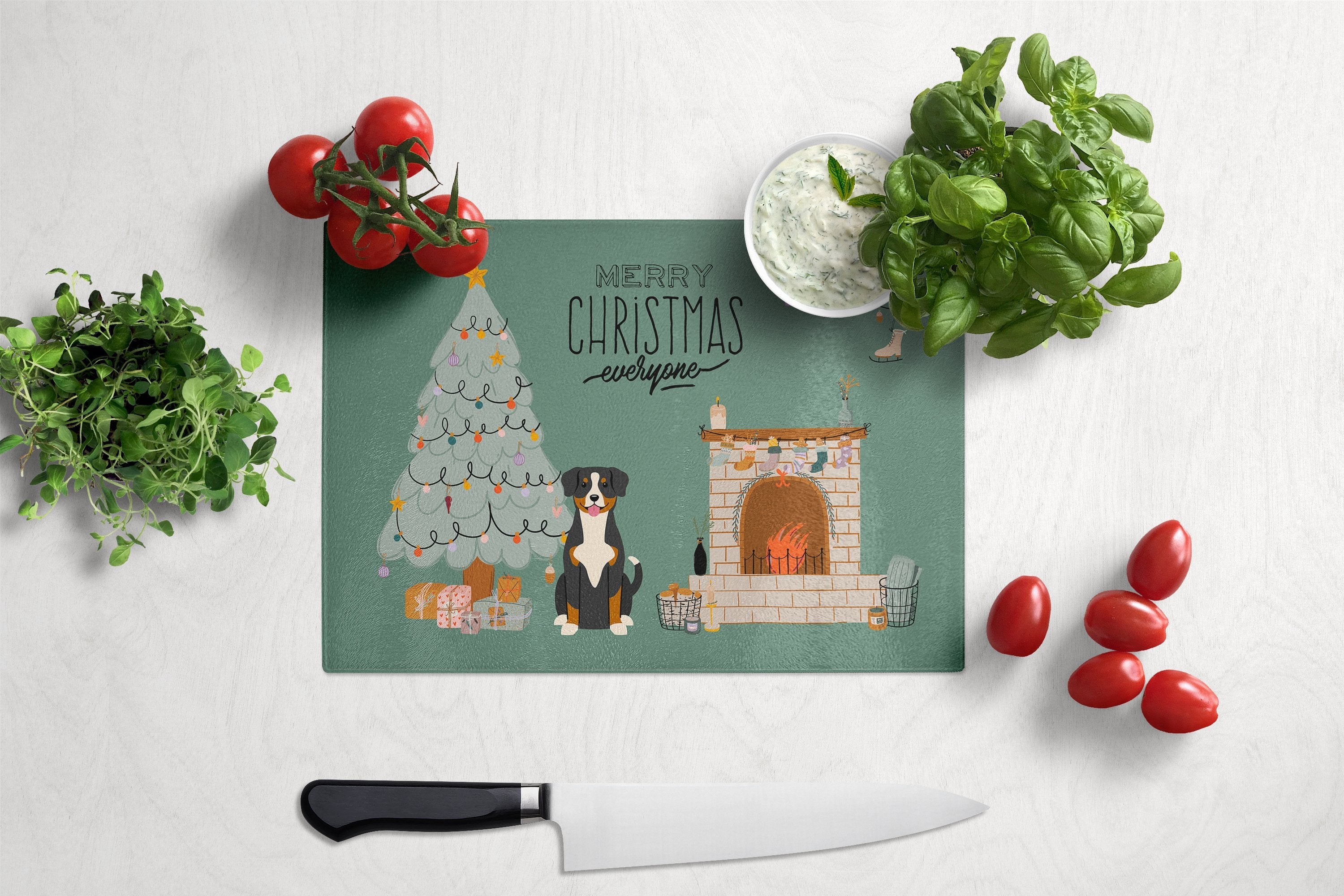 Entlebucher Christmas Everyone Cutting Board Tempered Glass Kitchen Cutting Surface, Heat Resistant Chopping, Non-Slip Feet, Food Prep & Serving