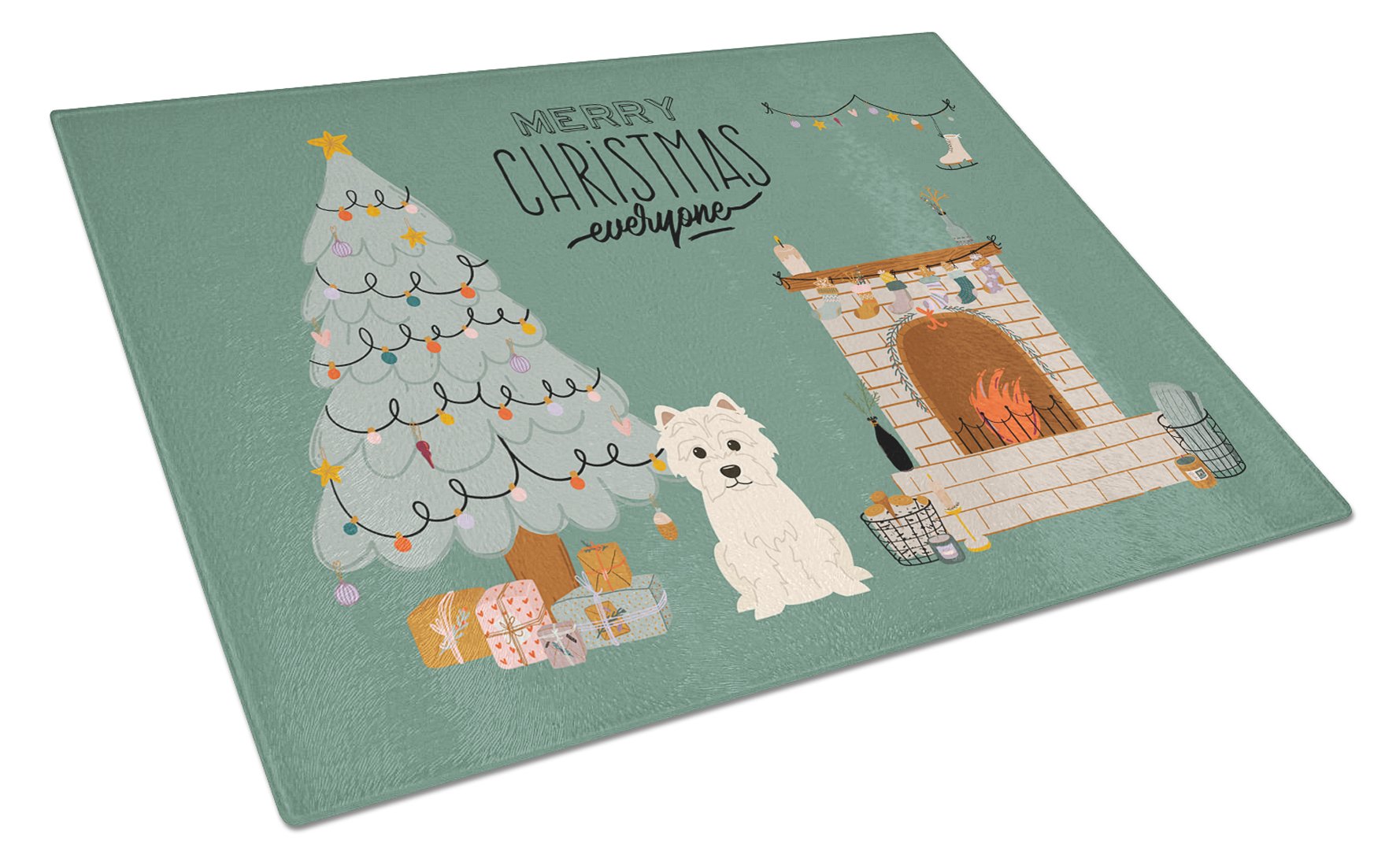 Westie Christmas Everyone Cutting Board Tempered Glass Kitchen Cutting Surface, Heat Resistant Chopping, Non-Slip Feet, Food Prep & Serving