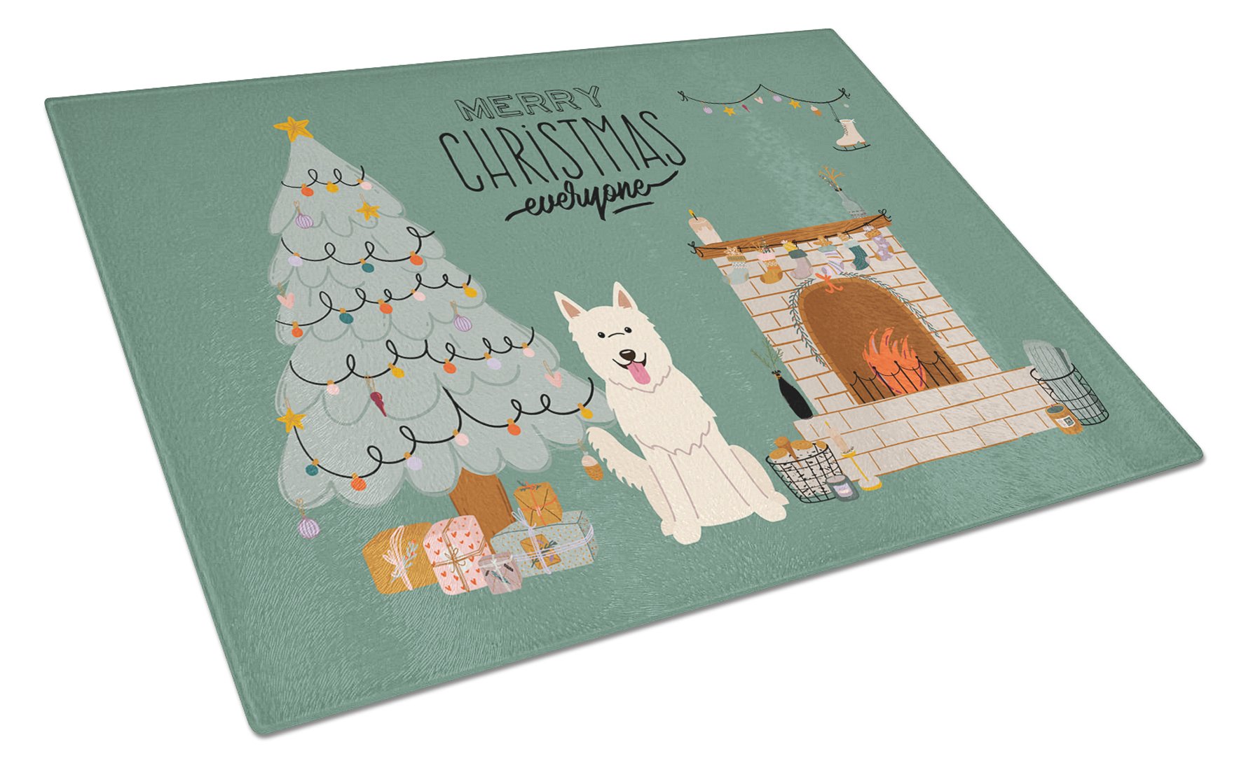 White German Shepherd Christmas Everyone Cutting Board Tempered Glass Kitchen Cutting Surface, Heat Resistant Chopping, Non-Slip Feet, Food Prep & Serving