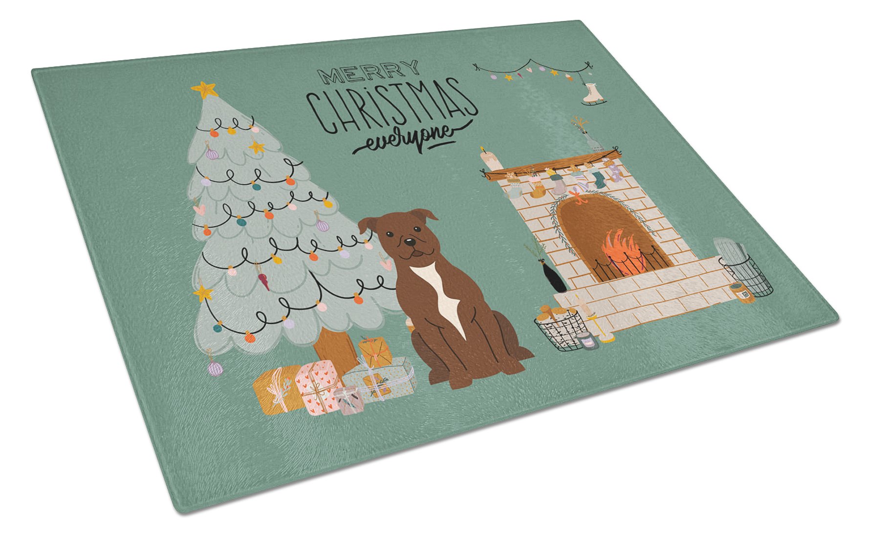 Chocolate Staffordshire Bull Terrier Christmas Everyone Cutting Board Tempered Glass Kitchen Cutting Surface, Heat Resistant Chopping, Non-Slip Feet, Food Prep & Serving