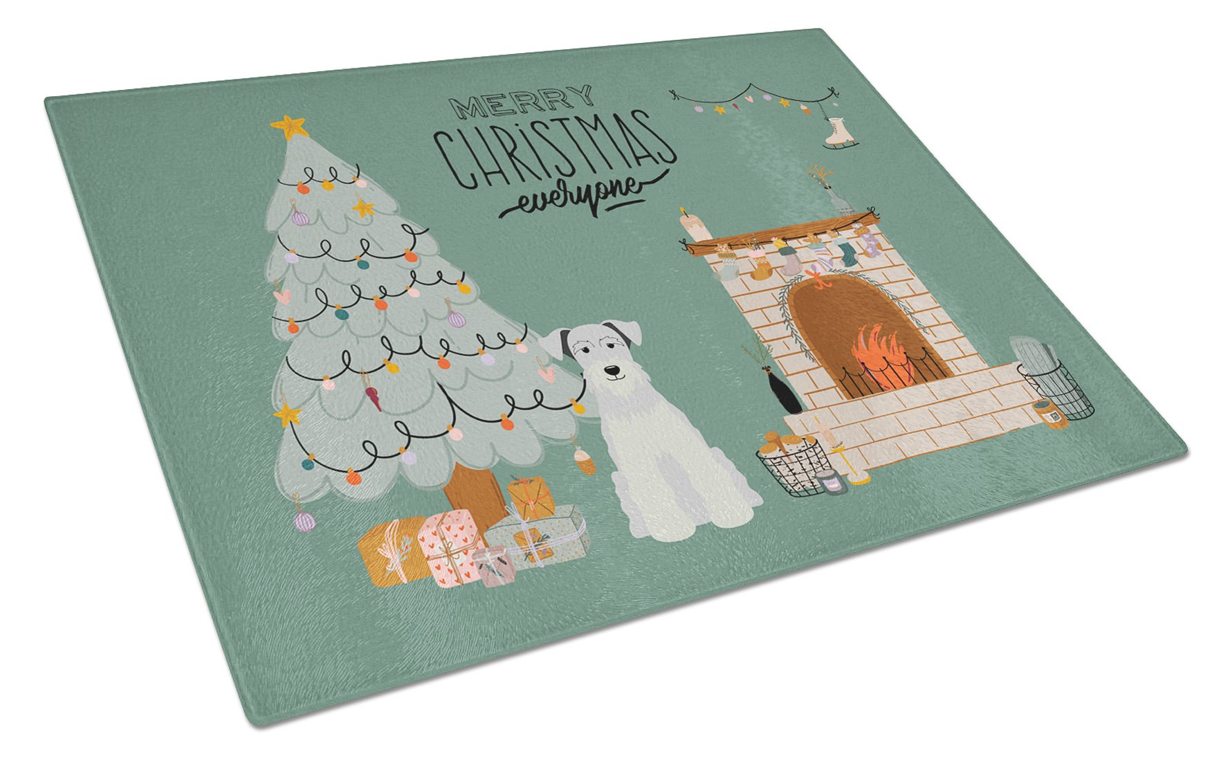 White Miniature Schnauzer Christmas Everyone Cutting Board Tempered Glass Kitchen Cutting Surface, Heat Resistant Chopping, Non-Slip Feet, Food Prep & Serving